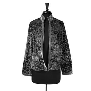 Chico's Womens Jacket Gray Paisley Silk Velvet Glitter Stretch Open Front 1 M/8